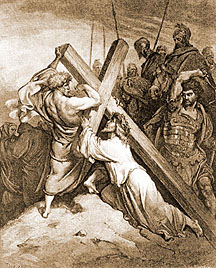 Simon of Cyrene helps Christ carry the cross.